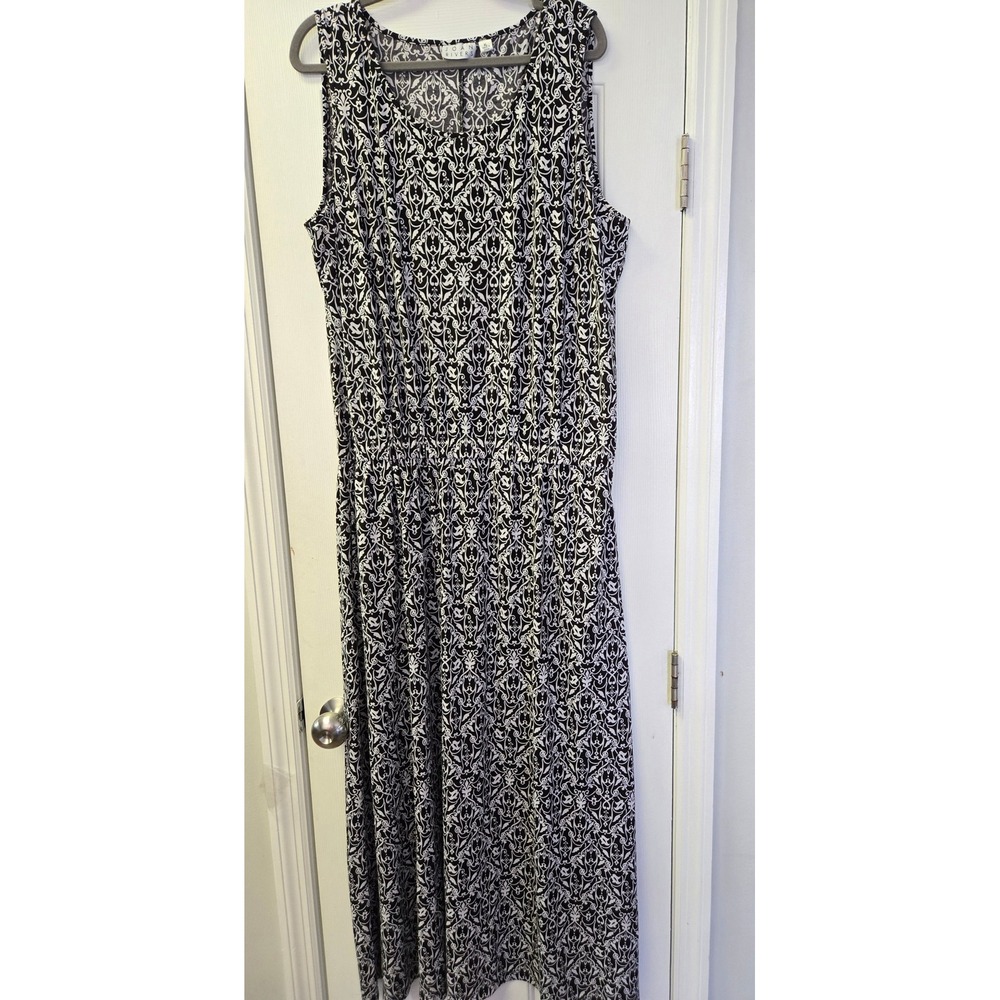 Joan Rivers Black White Damask Scroll Maxi Dress XL Sleeveless Elastic Waist